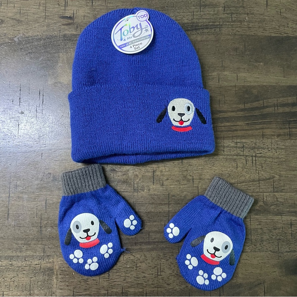 Kids Blue Dog Beanie and Mittens Set